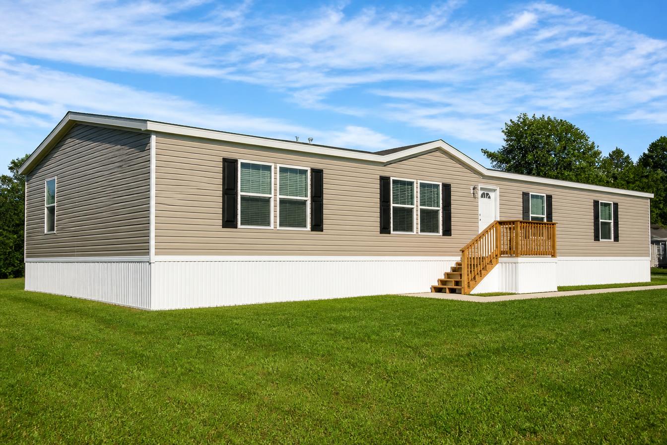 Mobile home with professional white skirting installed on a level foundation